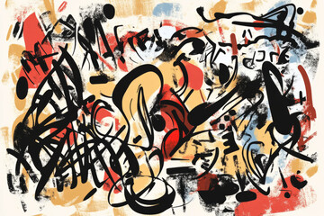 A hand drawn abstract doodle composition filled with dynamic shapes, scribbles, and expressive brushstrokes in a chaotic yet artistic arrangement.
