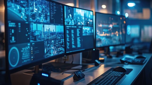 Multiple computer screens displaying real time data feeds, charts, and surveillance footage, illustrating a high tech cyber security operation center monitoring city infrastructure