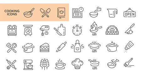 Large set of 31 cooking trendy minimal icons. Rolling Pin, Salt Shaker, Cooking Book, Chef Hat, Timer, Soup Bowl icons. Design signs for web page, mobile app, packaging design. Vector illustration