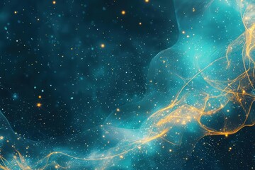 Quantum threads weaving the universe, glowing cosmic filaments, dark galactic background