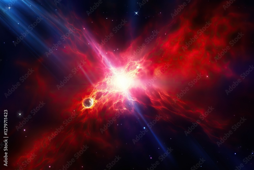 Poster red and blue nebula explosion in deep space. bright cosmic burst with glowing stars and cosmic dust 
