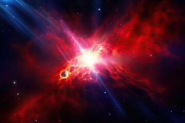 Fototapeta premium Red and blue nebula explosion in deep space. Bright cosmic burst with glowing stars and cosmic dust clouds. Galaxy explosion visualization for astronomy and science concepts