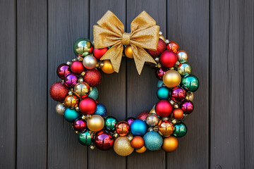 A cheerful rainbow holiday wreath made of multi colored ornaments, tied with a shimmering gold bow.