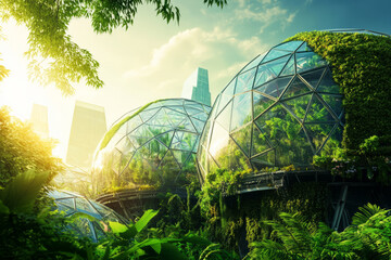 A futuristic bio dome city, where nature and technology coexist in harmony, with massive glass structures covered in lush greenery.