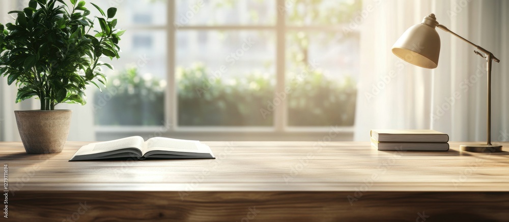 Poster blurred, empty modern wooden desk with a book and lamp in a cozy home office interior panoramic bann