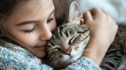 A Tender moments shared between girl and her cat, showcasing love, warmth, and happiness in their companionship