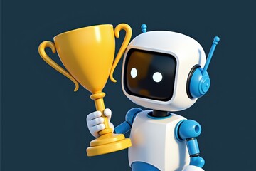 A Playful Cartoon Robot Celebrating with a Golden Trophy, Symbolizing Achievement and Success in a Futuristic World