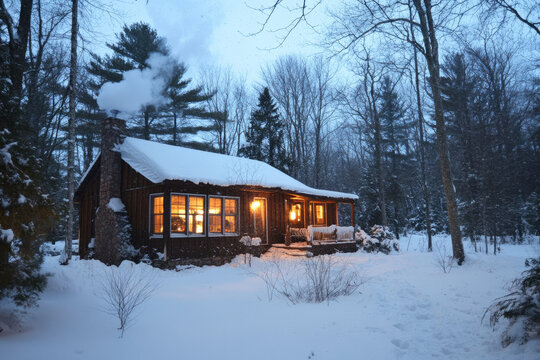 A cozy cabin in a snowy forest, with warm golden lights glowing from the windows and smoke curling from the chimney.