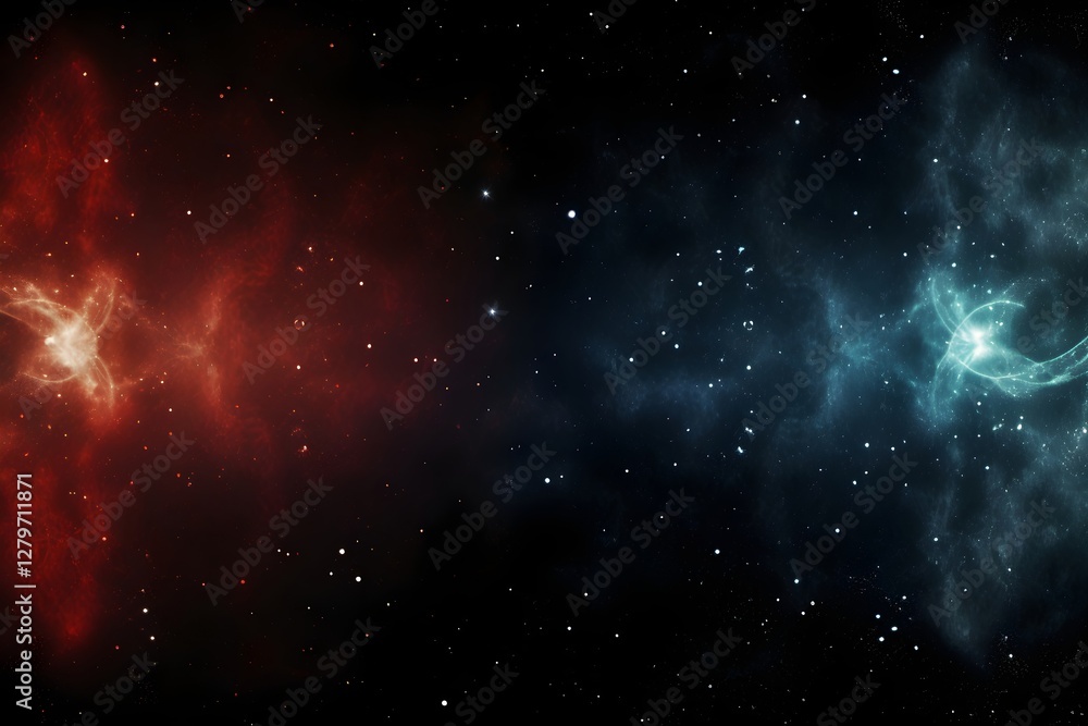 Poster deep space nebula view with red and blue cosmic clouds in starry universe. dramatic astronomy backgr