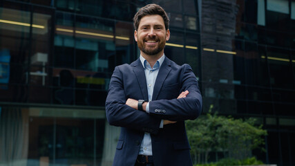 Business owner portrait outdoor confident man Caucasian businessman smiling guy male leader broker...