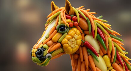 A colorful horse sculpture made entirely of various vegetables and fruits.