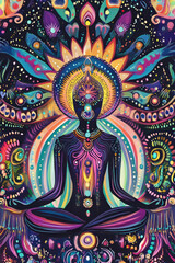 Obraz premium A mystical illustration of a person meditating with their chakras glowing in vibrant colors, symbolizing inner balance and harmony.