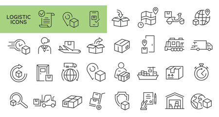 Logistic icons. Set of 31 Delivery trendy minimal icons featuring concepts such as worldwide shipping, package tracking, express mail, and secure transportation. Vector illustration 