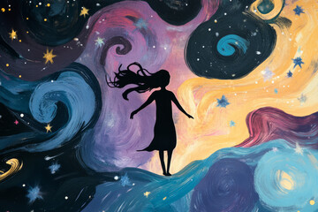 A whimsical illustration of a person silhouette filled with swirling galaxies, representing the vast potential within oneself, highlighting the power of self discovery and personal evolution.