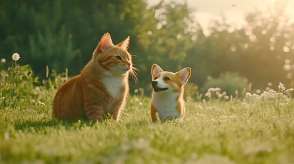 Playful Orange Cat and Corgi Puppy in Summer Meadow Setting
