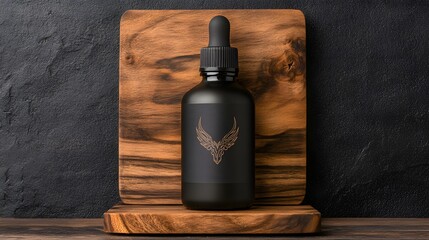 Elegant black essential oil bottle on wooden display stand