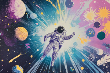 A space themed risograph poster, featuring cosmic elements such as planets, astronauts, and starbursts rendered in layered, grainy halftones.