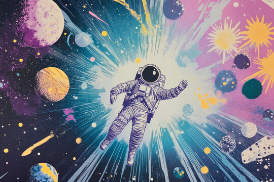 A space themed risograph poster, featuring cosmic elements such as planets, astronauts, and starbursts rendered in layered, grainy halftones.