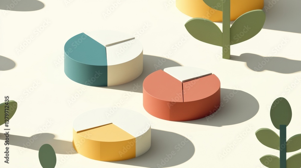 Poster three colorful pie charts on a minimalistic background with abstract plants and shadows