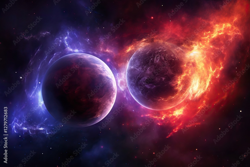 Poster two planets in deep space with red and blue nebula effects. cosmic collision scene with burning cele