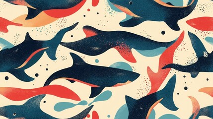 Abstract stylized sharks swim in a vibrant coral reef.  Bold colors and shapes create a dynamic underwater scene.