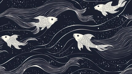 Elegant illustration of four fish swimming gracefully through flowing, stylized waves against a dark blue background. The design features a minimalist aesthetic with white fish and lines.