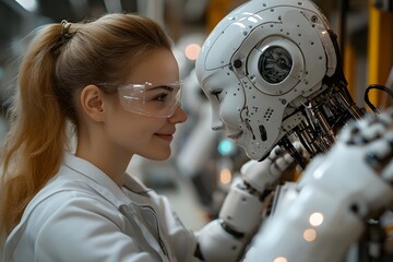 Fototapeta premium Smiling factory workers with friendly AI robot assistants on the line. A realistic, detailed vision of the future—efficient, collaborative, and innovative. Ideal for industrial tech and automation.