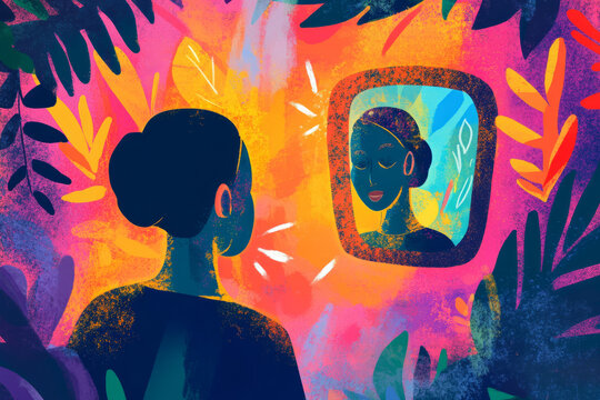 A colorful illustration of a person looking at their reflection in a mirror, with glowing positive affirmations surrounding them, promoting self love and confidence.