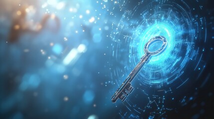 An ethereal closeup reveals a translucent key suspended in midair radiating a soft blue luminescence against a backdrop of swirling circuits and encrypted strings embodying the essence