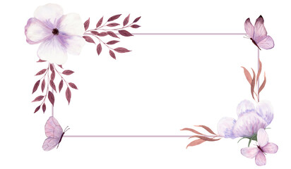 Watercolor board with flowers, butterflies and twigs on white background