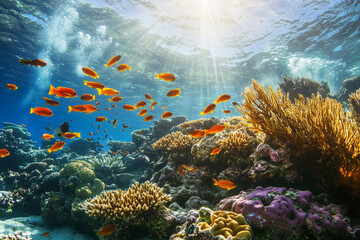Fototapeta premium A vibrant coral reef teeming with colorful fish, surrounded by tropical plants, with sunlight filtering through the crystal clear water.