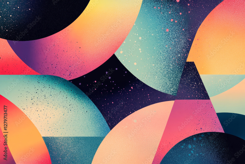 Poster a series of overlapping geometric shapes, each filled with bold patterns and gradient colors, creati