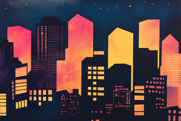 Naklejka premium A stylized risograph portrait of a city skyline at night, featuring bold contrasting colors, halftone shadows, and glowing windows.