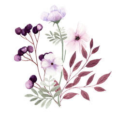 Watercolor flower arrangement with twigs, berries and flowers on white background