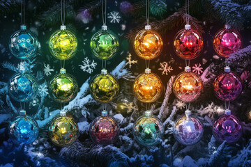 A dazzling Christmas ornament collection, featuring baubles in every color of the rainbow, glowing softly against a dark wintery background.