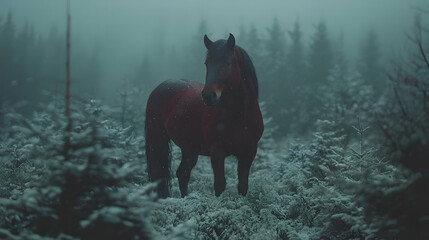 Naklejka premium Dark brown horse stands amidst snow-covered pine trees in a foggy winter forest.