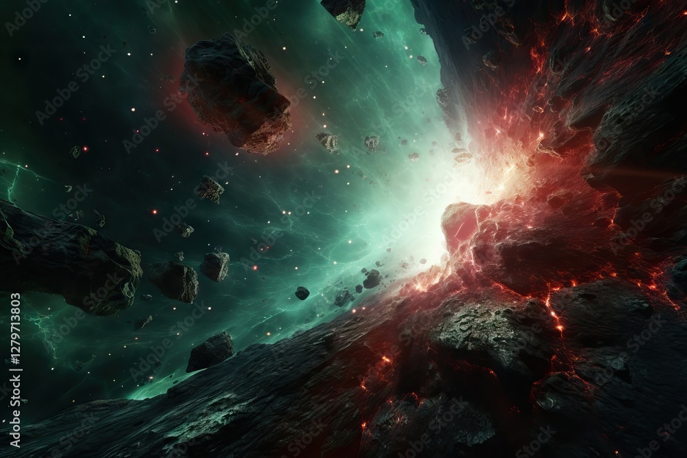 Poster deep space nebula with red and turquoise colors. cosmic gas clouds and asteroids in outer space. sci