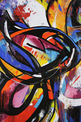 A dynamic and expressive graffiti style artwork featuring bold colors, abstract lettering, and urban street art elements.
