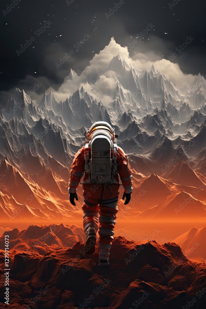 Poster astronaut exploring red rocky terrain on alien planet with dramatic mountains and starry sky. space 