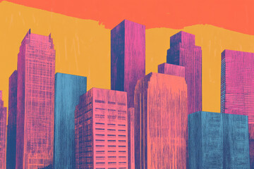 A city skyline in risograph print, where buildings have exaggerated proportions, heavy ink textures, and vibrant, eye catching color transitions.