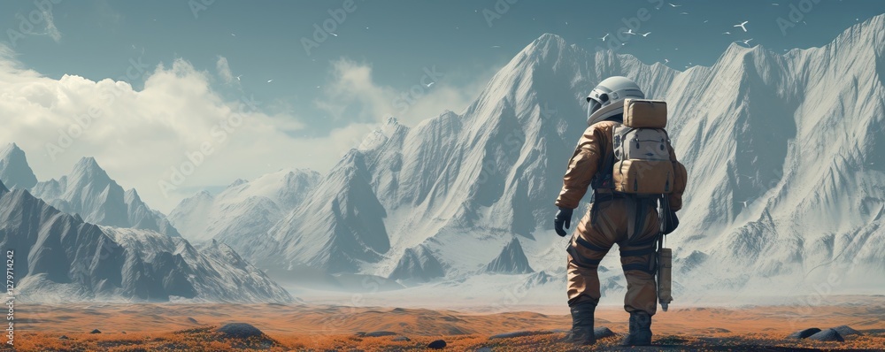 Poster astronaut exploring distant planet with snowy mountains landscape. space exploration and colonizatio