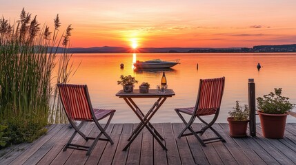 A charming wooden pier extending over a calm lake with a cozy setup