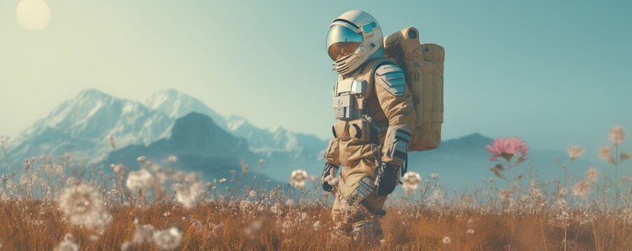 Astronaut walking through meadow with pink flowers against mountain backdrop. Surreal science fiction scene with spaceman exploring earth terrain in daylight - Powered by Adobe