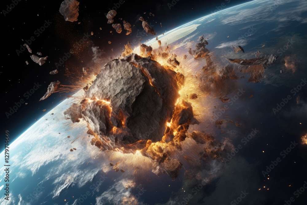 Aufkleber asteroid collision with planet earth in space. apocalyptic scene with meteorite explosion near globe