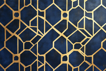 A sophisticated geometric pattern with interlocking hexagons in gold and deep blue, creating a luxurious and structured look.