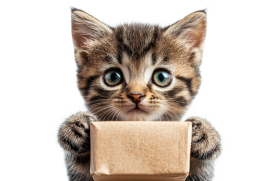 Cute kitten holding a small box with curious eyes