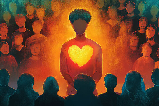 An illustration of a person with a glowing heart, standing confidently in front of a crowd, symbolizing the power of self love and belief in oneself.