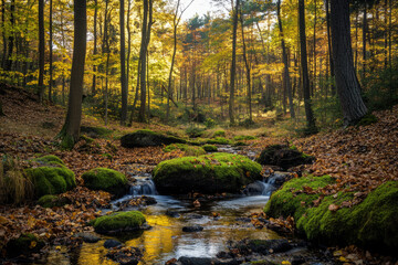 Obraz premium A tranquil forest clearing bathed in golden autumn light, where fallen leaves cover the ground and a small stream meanders through moss covered rocks.
