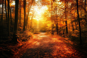 Obraz premium A magical autumn forest scene where vibrant orange, red, and yellow leaves cover the ground, while golden light filters through the trees. A winding path disappears into the distance, inviting