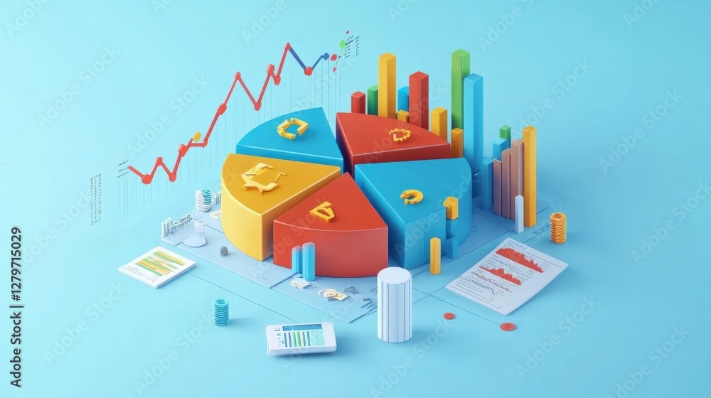 Poster colorful 3d pie chart and bar graph illustrating data analysis in a modern workspace